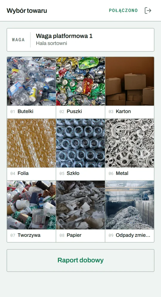 Stacja Ważenia: wybór towaru na kafelkach ze zdjęciami, między innymi butelki, puszki, karton i folia