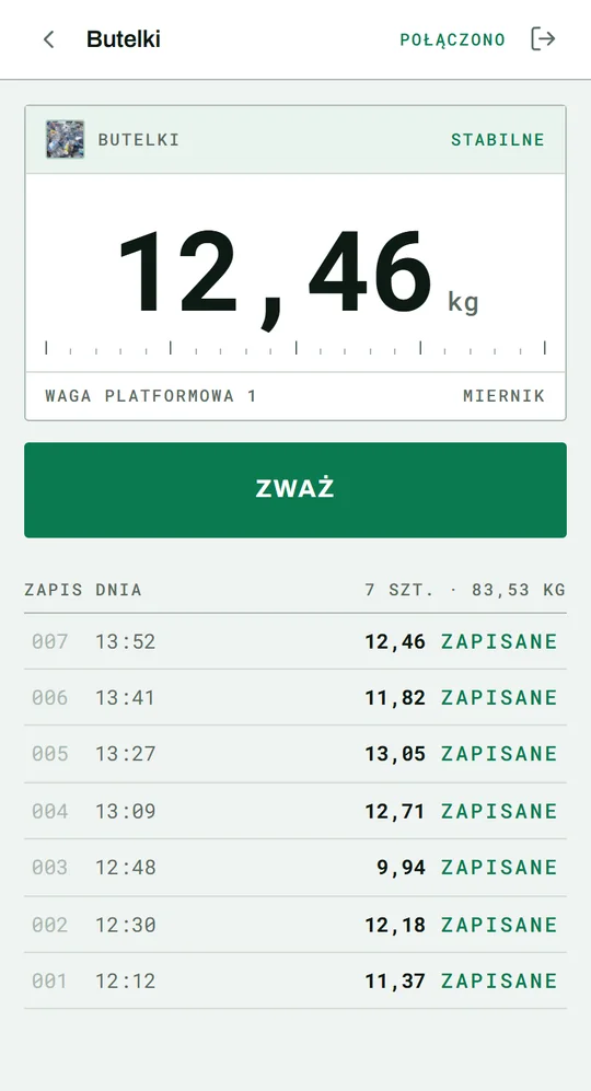 Stacja Ważenia: stabilne wskazanie 12,46 kg, przycisk Zważ i zapis dnia z siedmioma ważeniami